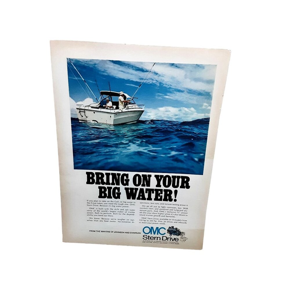 1974 OMC Stern Drive Boat Motor Fishing Boat Original Print ad 70s
